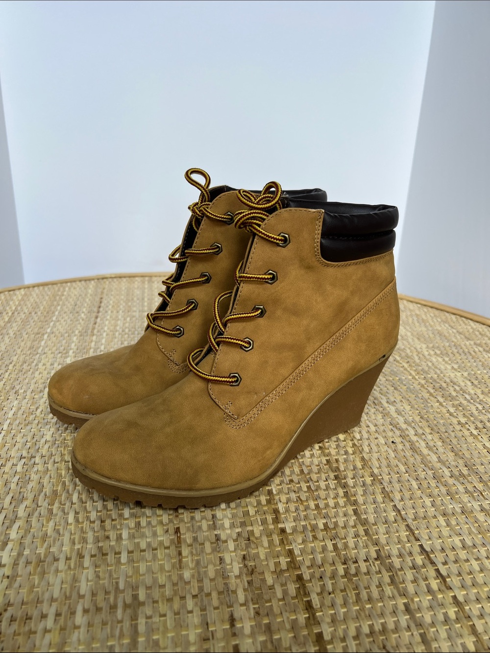 Sophie 17 Vegan Suede Rugged Wedge Heel lace Up ankle boot 3” heel, Women 10